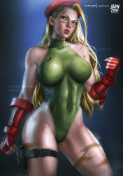 Rule 34 | 1girl, absurdres, artist name, blonde hair, blue eyes, breasts, cammy white, capcom, clenched hands, covered navel, deviantart username, eyelashes, fingerless gloves, garrison cap, gloves, green leotard, hat, high collar, highres, holster, large breasts, leotard, logan cure, long hair, mixed-language commentary, parted lips, patreon username, red gloves, scar, skin tight, sleeveless, solo, street fighter, thigh holster, thighs