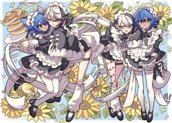 Rule 34 | 1girl, 1other, apron, bad id, bad twitter id, black dress, black footwear, blue hair, border, commission, dress, floral background, flower, food, fork, frilled apron, frills, full body, highres, hug, leaning forward, leg warmers, long hair, looking at viewer, maid, maid headdress, mary janes, meremero, multiple views, niko (oneshot), oneshot (game), open mouth, original, pancake, pancake stack, plate, ribbon, shoes, short hair, sleeves past fingers, sleeves past wrists, smile, standing, sunflower, thigh strap, thighhighs, very long hair, white border, white hair, white ribbon, yellow eyes, yellow flower