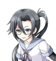 Rule 34 | 1girl, amagiri (kancolle), black hair, collarbone, glasses, highres, kantai collection, long hair, looking at viewer, parted lips, school uniform, serafuku, side ponytail, grey eyes, simple background, smile, solo, tk8d32, white background
