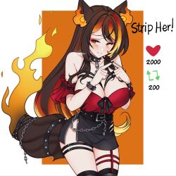 Rule 34 | 1girl, animal ears, bare shoulders, black ribbon, black skirt, blush, breasts, chain, chest harness, choker, detached sleeves, flame-tipped tail, harness, highres, indie virtual youtuber, large breasts, like and retweet, meowyin, orange eyes, ribbon, sinder (vtuber), sinder (vtuber) (1st costume), skirt, spikes, striped hair, tail, thigh strap, virtual youtuber, wolf ears, wolf girl, wolf tail