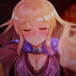 Rule 34 | 1girl, blonde hair, blush, breasts, cape, cleavage, closed eyes, closed mouth, commentary request, incoming hug, large breasts, long hair, monica (romancing saga 3), purple cape, reihou19, romancing saga 3, saga, smile, solo, upper body