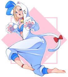 Rule 34 | animal ears, ass, barefoot, bell, blonde hair, blue eyes, blush, bra, cammy white, capcom, cat ears, cat tail, cosplay, facial scar, felicia (vampire), felicia (vampire) (cosplay), highres, its just suppi, paw pose, scar, scar on cheek, scar on face, short hair, simple background, solo, street fighter, street fighter 6, tail, underwear, vampire (game)