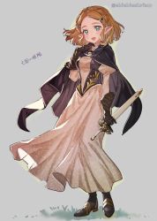 Rule 34 | 1girl, alternate costume, artist name, blonde hair, blush, boots, bravely default (series), bravely default 2, breasts, commentary request, dress, full body, gloves, green eyes, grey background, hair ornament, hairclip, highres, holding, holding sword, holding weapon, looking at viewer, nintendo, open mouth, pointy ears, princess zelda, short hair, shuri (84k), simple background, small breasts, solo, standing, sword, the legend of zelda, the legend of zelda: breath of the wild, the legend of zelda: tears of the kingdom, translation request, twitter username, weapon