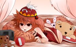 Rule 34 | 1girl, arano oki, breast press, curtains, female focus, hair bobbles, hair ornament, hat, indoors, kawashiro mitori, lying, no entry sign, on stomach, open mouth, original, panties, pillow, red eyes, red hair, red panties, road sign, short hair, side ponytail, sign, sleeveless, solo, stuffed animal, stuffed toy, teddy bear, touhou, underwear