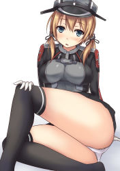 Rule 34 | 10s, 1girl, anchor hair ornament, ass, bad id, bad pixiv id, black legwear, blonde hair, blue eyes, breasts, cross, hair ornament, hat, highres, iron cross, kantai collection, large breasts, low twintails, md5 mismatch, microskirt, military, military uniform, panties, peaked cap, prinz eugen (kancolle), skirt, solo, terakoya, twintails, underwear, uniform, upskirt, white panties
