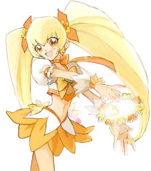 Rule 34 | 10s, 1girl, blonde hair, bow, cure sunshine, hair ornament, hair ribbon, heartcatch precure!, instrument, long hair, magical girl, michi ta (masquerade), myoudouin itsuki, open mouth, orange bow, orange eyes, orange skirt, orange theme, precure, ribbon, skirt, smile, solo, tambourine, twintails, very long hair, white background, yellow bow, yellow eyes