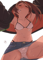 Rule 34 | 1girl, armpits, bare shoulders, bikini, bikini under clothes, black jacket, blue skirt, breasts, brown eyes, brown hair, closed mouth, crotch seam, denim, denim skirt, embarrassed, from below, fu-ta, highleg, highleg bikini, highres, jacket, long hair, long sleeves, looking at viewer, looking down, miniskirt, navel, open clothes, open jacket, original, ponytail, skirt, small breasts, solo, stomach, string bikini, sweat, swimsuit, thighs, upskirt, usami taiga, white bikini