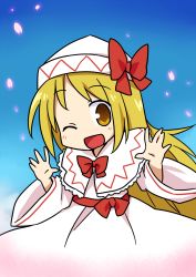 Rule 34 | 1girl, absurdres, blonde hair, female focus, hat, highres, lily white, long hair, outdoors, sky, solo, touhou, wink, yamabuki (yusuraume)