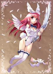 Rule 34 | 10s, 1girl, :3, animal ears, bare shoulders, bug, butterfly, cave (developer), crossover, deathsmiles, detached sleeves, fake animal ears, feathers, full body, hair ribbon, insect, katahira masashi, kyubey, leotard, long hair, mahou shoujo madoka magica, mahou shoujo madoka magica (anime), pink eyes, pink hair, playboy bunny, rabbit ears, rabbit tail, red eyes, red hair, ribbon, solo, sword, tail, thighhighs, weapon, white thighhighs, windia (deathsmiles), wings