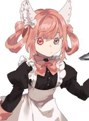 Rule 34 | 1girl, apron, black dress, closed mouth, dress, gg dal, hair rings, heterochromia, holding, holding tray, juliet sleeves, long sleeves, looking at viewer, maid apron, original, pink hair, puffy sleeves, red eyes, simple background, solo, tray, upper body, white apron, white background