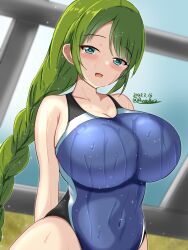 Rule 34 | 1girl, alternate breast size, black one-piece swimsuit, blue eyes, blue one-piece swimsuit, braid, breasts, competition swimsuit, covered navel, dated, green hair, highleg, highleg swimsuit, highres, huge breasts, impossible clothes, impossible swimsuit, indoors, kantai collection, long hair, looking at viewer, mole, mole under mouth, montemasa, multicolored clothes, multicolored swimsuit, one-hour drawing challenge, one-piece swimsuit, open mouth, rei no pool, single braid, solo, swimsuit, twitter username, two-tone swimsuit, very long hair, wet, wet clothes, wet swimsuit, yuugumo (kancolle)