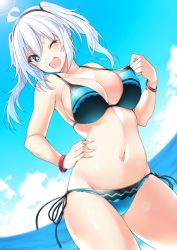 Rule 34 | 1girl, ;d, absurdres, ahoge, armpits, bare arms, bare shoulders, bikini, black hairband, black ribbon, blue eyes, blue sky, blurry, blurry background, blush, breasts, cleavage, closed eyes, cloud, collarbone, contrapposto, cowboy shot, day, depth of field, earrings, fang, from below, hairband, hand on own hip, head tilt, highres, horizon, jewelry, large breasts, litty, long hair, looking at viewer, looking down, navel, ocean, one eye closed, open mouth, original, outdoors, ribbon, shiny skin, side-tie bikini bottom, silver hair, single earring, sky, smile, solo, standing, star-shaped pupils, star (symbol), stomach, suruga (xsurugax), swimsuit, symbol-shaped pupils, thick eyebrows, thighs, twintails, two-tone bikini, v-shaped eyebrows, wristband