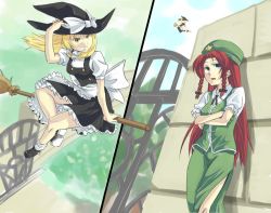 Rule 34 | 2girls, blonde hair, blue eyes, braid, broom, broom riding, china dress, chinese clothes, comic, crossed arms, dress, female focus, gate, hat, hat tip, hong meiling, kimura daiyon, kirisame marisa, long hair, multiple girls, nature, outdoors, plant, red hair, short hair, sidesaddle, sky, embodiment of scarlet devil, touhou, twin braids, witch, witch hat, yellow eyes