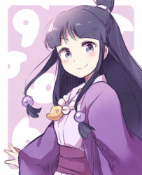 Rule 34 | 1girl, ace attorney, black hair, blunt bangs, blush, closed mouth, con (cnfaor), hair ornament, half updo, hanten (clothes), jacket, japanese clothes, jewelry, kimono, long hair, long sleeves, looking at viewer, magatama, magatama necklace, maya fey, necklace, parted bangs, purple eyes, purple jacket, sidelocks, smile, solo, upper body, white kimono, wide sleeves