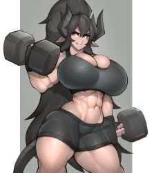 Rule 34 | 1girl, abs, absurdres, bike shorts, black gloves, black hair, black horns, black tail, breasts, cassandra asmolith (cass sakyubasu), cleavage, commentary, commission, curvy, demon girl, demon horns, demon tail, dumbbell, english commentary, exercising, eyebrows, fingerless gloves, gloves, highres, horns, huge breasts, impossible clothes, long hair, muscular, navel, original, pointy ears, ponytail, red eyes, roadi3, short shorts, shorts, simple background, skin tight, smile, solo, sports bra, sportswear, strong, tail, thick thighs, thighs, tight clothes, toned, very long hair, weightlifting, wide hips
