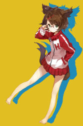 Rule 34 | 1girl, adjusting eyewear, animal ears, bare legs, barefoot, brown hair, dog ears, dog tail, glasses, green eyes, hair ornament, hairclip, hand in pocket, jacket, original, shirabi, short hair, simple background, sketch, solo, tail, track jacket, track suit, yellow background, zipper