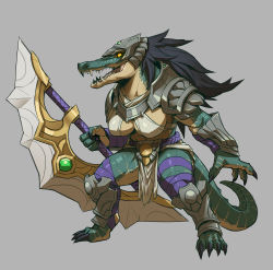 Rule 34 | 1girl, absurdres, armor, black hair, claws, collarbone, colored skin, crocodile, crocodilian, exaxuxer, female focus, full body, furry, furry female, gender request, genderswap, green skin, grey background, highres, holding, holding weapon, league of legends, long hair, looking at viewer, open mouth, orange eyes, renekton, reptile girl, sharp teeth, shiny skin, simple background, solo, teeth, weapon