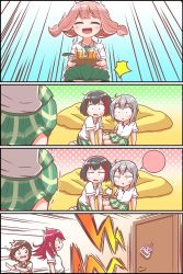Rule 34 | 4koma, 5girls, puff of air, ^ ^, accidental exposure, afterglow (bang dream!), aoba moca, bang dream!, black hair, bob cut, brown hair, character name, closed eyes, clothes lift, collared shirt, comic, cup, cushion, door, drinking glass, drinking straw, emphasis lines, flying sweatdrops, green neckwear, green skirt, grey hair, haneoka school uniform, hazawa tsugumi, highres, holding, holding tray, implied pantyshot, jitome, kyou (fr39), long hair, low twintails, medium hair, michelle (bang dream!), miniskirt, mitake ran, multicolored hair, multiple girls, necktie, open mouth, out-of-frame censoring, plaid, plaid skirt, pleated skirt, polka dot, polka dot background, red hair, school uniform, shirt, short hair, shouting, silent comic, sitting, skirt, skirt lift, smile, speech bubble, speed lines, spoken color, streaked hair, sweatdrop, sweater vest, tray, trembling, triangle mouth, twintails, udagawa tomoe, uehara himari, white shirt, wide-eyed, wind, wind lift