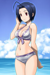 Rule 34 | 1girl, ahoge, bare shoulders, blue hair, breasts, cleavage, cloud, day, front-tie top, idolmaster, idolmaster (classic), medium breasts, miura azusa, muhi11234, navel, red eyes, short hair, skindentation, sky, solo, thigh gap, thighs