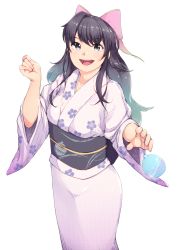 Rule 34 | 1girl, black hair, blue eyes, bow, dress, floral print, hair bow, hand up, highres, japanese clothes, kimono, long hair, looking at viewer, obi, patricia (teria saga), pink bow, sash, simple background, smile, solo, standing, suou9400, teria saga, very long hair, water balloon, white background, wide sleeves