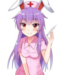 Rule 34 | 1girl, alternate costume, animal ears, blush, breasts, commentary request, cross, dress, e.o., hand up, hat, highres, holding, holding syringe, long hair, looking at viewer, medium breasts, nurse cap, pink dress, purple hair, rabbit ears, red cross, red eyes, reisen udongein inaba, short sleeves, sidelocks, simple background, smile, solo, syringe, touhou, upper body, very long hair, white background