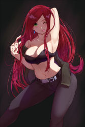 Rule 34 | 1girl, arm behind head, arm up, armpits, bare shoulders, belt, black background, black pants, chinese commentary, collarbone, commentary request, cowboy shot, drop earrings, earrings, eyes visible through hair, green eyes, highres, jacket, jacket on shoulders, jewelry, katarina (league of legends), league of legends, long hair, looking at viewer, navel, one eye closed, pants, pao mian+dan, red hair, scar, scar across eye, scar on face, solo, tongue, tongue out, very long hair