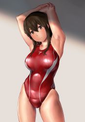Rule 34 | 1girl, akagi (kancolle), armpits, arms behind head, arms up, bare shoulders, blush, breasts, brown eyes, brown hair, closed mouth, competition swimsuit, highres, hip focus, kantai collection, large breasts, long hair, looking at viewer, one-piece swimsuit, red one-piece swimsuit, smile, solo, straight hair, swimsuit, thighs, wa (genryusui), wet