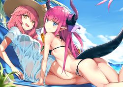Rule 34 | 2girls, animal ears, ass, asymmetrical horns, back, bare shoulders, beach, beach chair, bikini, black bikini, blue eyes, blue sky, blush, breasts, closed mouth, curled horns, day, dragon tail, ears through headwear, elizabeth bathory (fate), elizabeth bathory (fate/extra ccc), fate/extra, fate/extra ccc, fate/grand order, fate (series), fox ears, fox girl, hair between eyes, hat, horns, large breasts, long hair, looking at viewer, lying, multiple girls, open mouth, pink hair, pointy ears, sakimiya mafu, shirt, sky, small breasts, smile, swimsuit, tail, tamamo (fate), tamamo no mae (fate/extra), tamamo no mae (swimsuit lancer) (fate), tamamo no mae (swimsuit lancer) (second ascension) (fate), thighs, two side up, uneven horns, wet, wet clothes, wet shirt, yellow eyes
