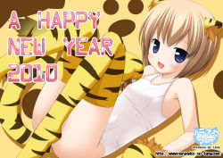 Rule 34 | 10s, 1girl, 2010, animal ears, animal hands, animal print, blue eyes, blush, brown hair, fang, flat chest, new year, one-piece swimsuit, original, school swimsuit, short hair, solo, swimsuit, tail, thighhighs, tiger ears, tiger print, tiger tail, watermark, white one-piece swimsuit, white school swimsuit, yukino minato