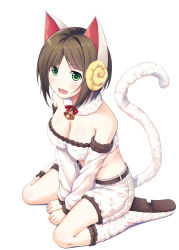 Rule 34 | 10s, 1girl, :d, absurdres, animal costume, animal ears, bad id, bad pixiv id, bare shoulders, bell, belt, blush, boots, breasts, brown hair, cat ears, cat tail, cleavage, collar, detached sleeves, fake animal ears, fang, fangs, full body, green eyes, highres, horns, idolmaster, idolmaster cinderella girls, large breasts, maekawa miku, midriff, neck bell, new year, open mouth, re:n ne, ribbon, sheep costume, sheep horns, short hair, shorts, sitting, smile, solo, tail, translucent hair, wariza