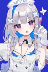 Rule 34 | 1girl, absurdres, amane kanata, amane kanata (nurse), apron, bandaged arm, bandages, blue background, blue hair, blunt bangs, colored inner hair, detached collar, dress, flat chest, frilled apron, frills, gloves, grey dress, grey hair, hair ornament, hat, highres, holding, holding syringe, hololive, id card, lanyard, long hair, looking at viewer, multicolored hair, nurse, nurse cap, official alternate costume, official alternate hair length, official alternate hairstyle, open mouth, pink hair, puffy short sleeves, puffy sleeves, purple eyes, short sleeves, signature, simple background, single hair intake, solo, streaked hair, syringe, upper body, virtual youtuber, white apron, white gloves, white hat, wing collar, x hair ornament, xivi9