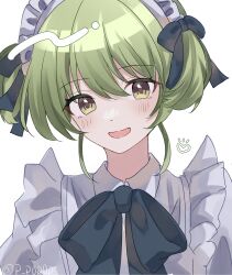 Rule 34 | 1girl, alternate costume, blush, dress, enmaided, green eyes, green hair, hair ribbon, heart, highres, idolmaster, idolmaster shiny colors, looking at viewer, maid, maid headdress, nanakusa nichika, neck ribbon, ribbon, short twintails, shu10, simple background, smile, solo, twintails, twitter username, upper body, white background, white dress