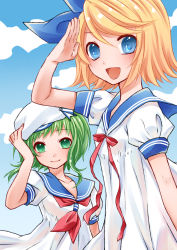 Rule 34 | 2girls, alternate costume, blonde hair, blue eyes, bow, fang, green eyes, green hair, gumi, hair bow, hat, highres, kagamine rin, looking at viewer, multiple girls, open mouth, sailor, sailor collar, sailor hat, salute, short hair, smile, vocaloid, yayoi (egoistic realism)