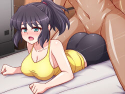 Rule 34 | 1boy, 1girl, aqua eyes, arched back, ass, bare arms, bare shoulders, black hair, black pants, blush, breasts, cleavage, clenched hands, clothed female nude male, clothed sex, collarbone, cowboy shot, eyelashes, half-closed eyes, hetero, kohinata miku, large breasts, looking ahead, lying, medium hair, motion lines, nude, on bed, on stomach, open mouth, pants, ponytail, prone bone, senki zesshou symphogear, sex, sex from behind, sidelocks, sportswear, sweat, tank top, tight clothes, tight pants, tongue, tongue out, yellow tank top, yoga pants, zetsumu