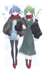 Rule 34 | 2girls, ahoge, alternate costume, black jacket, black pantyhose, blue eyes, blue hair, blush, boots, cirno, commentary request, daiyousei, detached wings, dress, fairy, fairy wings, full body, green dress, green eyes, green hair, highres, ice, ice wings, jacket, long hair, multiple girls, o (crazyoton46), one side up, open clothes, open jacket, pantyhose, red footwear, shoes, short hair, touhou, wings