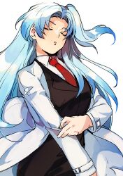 Rule 34 | 1girl, angela (project moon), black skirt, black vest, blue hair, breasts, closed eyes, collared shirt, commentary request, cowboy shot, lab coat, lobotomy corporation, long hair, long sleeves, medium breasts, medu (rubish), necktie, parted bangs, parted lips, project moon, red necktie, shirt, side ponytail, simple background, skirt, solo, vest, white background, white shirt