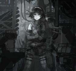 Rule 34 | 10s, 1girl, adjusting clothes, adjusting gloves, alternate weapon, custom (cus-tom), elbow gloves, gloves, kantai collection, looking at viewer, machinery, mecha musume, monochrome, pleated skirt, sailor collar, school uniform, serafuku, short hair, skirt, solo, tanikaze (kancolle), thighhighs, weapon