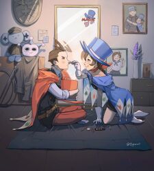 Rule 34 | ace attorney, antenna hair, apollo justice, applying makeup, belt, black dress, black vest, blue badger, blue cape, blue headwear, blue necktie, brother and sister, brown belt, brown hair, cape, carpet, chuunosuke (ace attorney), closed mouth, clothes, collared shirt, dress, earrings, eye contact, gloves, grin, hat, highres, indian style, indoors, jewelry, kaeru (qingwali), kneeling, long hair, looking at another, low-tied long hair, makeup, medium hair, mirror, necktie, note, hugging object, pants, phoenix wright, photo (object), profile, red cape, red headwear, red pants, red scarf, scarf, shirt, short dress, short hair, siblings, sidelocks, sitting, sleeves rolled up, smile, socks, stuffed animal, stuffed toy, top hat, trucy wright, twitter username, vest, white gloves, white shirt, white socks