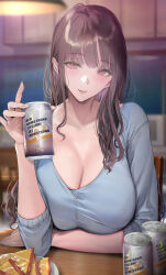 Rule 34 | 1girl, absurdres, black hair, blue shirt, blush, breasts, can, cleavage, collarbone, commentary request, gentsuki, highres, holding, holding can, large breasts, long hair, long sleeves, looking at viewer, original, parted lips, property manager (gentsuki), purple eyes, shirt, smile, solo, textless version, upper body