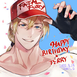 Rule 34 | 1boy, adjusting clothes, adjusting headwear, artist name, baseball cap, black gloves, blue eyes, character name, collarbone, confetti, dated, english text, fatal fury cap, fingerless gloves, gloves, hair between eyes, happy birthday, hat, long hair, looking at viewer, male focus, mmts g, muscular, muscular male, open mouth, ponytail, simple background, smile, solo, teeth, the king of fighters, the king of fighters for girls, upper teeth only