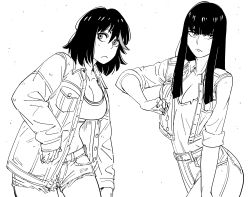 Rule 34 | 2girls, abs, absurdres, alternate costume, arm at side, bb (baalbuddy), breasts, cleavage, collarbone, collared jacket, commentary, cowboy shot, cutoffs, denim, denim jacket, denim shorts, english commentary, greyscale, hair between eyes, highres, hime cut, jacket, jeans, kill la kill, kiryuuin satsuki, large breasts, leaning forward, long hair, long sleeves, looking at viewer, matoi ryuuko, medium hair, monochrome, multicolored hair, multiple girls, open clothes, open jacket, pants, shirt, shirt tucked in, short shorts, shorts, siblings, simple background, sisters, sports bra, stomach, streaked hair, tented shirt, toned, two-tone hair, white background, wing collar