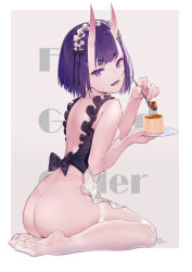 Rule 34 | 1girl, absurdres, apron, ass, back, bare shoulders, blunt bangs, blush, bob cut, border, breasts, breasts out, butt crack, copyright name, dimples of venus, eyeliner, fangs, fate/grand order, fate (series), feet, food, frills, grey background, highres, horns, legs, looking at viewer, maid headdress, makeup, naked apron, nipples, oni, open mouth, plate, pudding, purple eyes, purple hair, revealing clothes, seiza, short eyebrows, short hair, shuten douji (fate), simple background, sitting, skin-covered horns, small breasts, smile, solo, spoon, thighhighs, thighs, virtu.al, white border, white thighhighs