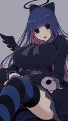 Rule 34 | 1girl, angel wings, black wings, blunt bangs, bow, breasts, colored inner hair, dress, halo, highres, honekoneko (psg), large breasts, long hair, morita (moritania), multicolored hair, nail polish, panty &amp; stocking with garterbelt, sitting, solo, stocking (psg), striped clothes, striped thighhighs, stuffed animal, stuffed toy, thighhighs, two-tone hair, wings