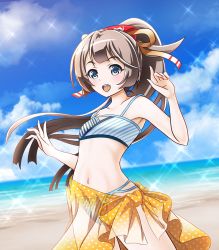 Rule 34 | 10s, 1girl, bare arms, beach, bikini, brown hair, cloud, commentary request, cowboy shot, day, diffraction spikes, eyebrows, grey eyes, hair ribbon, horizon, kantai collection, kazagumo (kancolle), long hair, navel, ocean, open mouth, outdoors, polka dot, ponytail, ribbon, round teeth, sarong, see-through, sky, solo, sparkle, striped bikini, striped clothes, swimsuit, teeth, tk8d32, tsurime, water