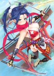 Rule 34 | 1girl, absurdres, ass, black panties, black thighhighs, blue hair, blush, breasts, cleavage, downblouse, dual wielding, eyeshadow, floral print, from above, green eyes, happoubi jin, highres, holding, huge filesize, katana, large breasts, looking at viewer, makeup, ninja, non-web source, pagoda, panties, parted lips, ponytail, scabbard, sheath, shiny skin, strap gap, sword, thighhighs, torii, underwear, weapon