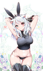 Rule 34 | 1girl, absurdres, animal ears, armpits, arms up, black panties, black thighhighs, blush, breasts, closed mouth, cowboy shot, crop top, facial mark, fake animal ears, final fantasy, final fantasy xiv, floral background, green eyes, heart, heterochromia, highres, hip focus, kanola u, large breasts, long hair, looking at viewer, miqo&#039;te, panties, rabbit ears, red eyes, skindentation, smile, solo, spoken heart, thighhighs, thighs, turtleneck, underwear, whisker markings, white hair