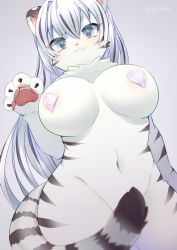 Rule 34 | 1girl, :3, animal ears, animal hands, black hair, blue eyes, body fur, breasts, claws, female focus, furry, furry female, heart pasties, ichigotoofu, large breasts, looking at viewer, multicolored hair, navel, nude, original, pasties, silver hair, smile, solo, tail, tail censor, tiger ears, tiger tail, twitter username, white fur