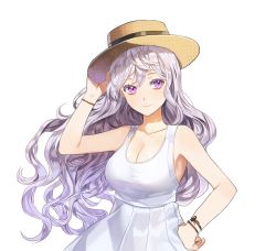 Rule 34 | 1girl, armpits, bare shoulders, blush, bracelet, breasts, brown hat, cleavage, closed mouth, collarbone, colored eyelashes, dress, fedora, hand on own hip, hat, holding, holding clothes, holding hat, jewelry, kim eb, large breasts, long hair, purple eyes, silver hair, simple background, sleeveless, sleeveless dress, smile, solo, sundress, upper body, very long hair, white background, white dress