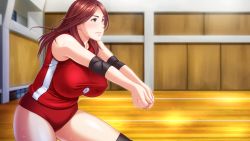 Rule 34 | 1girl, bare shoulders, blush, breasts, brown hair, closed mouth, covered erect nipples, female focus, from side, game cg, green eyes, huge breasts, indoors, kahogo na mama to mucchimuchi mama-san volley, legs, long hair, momizi-kei, original, own hands together, playing sports, puffy nipples, sleeveless, solo, sportswear, squatting, standing, sweat, thighs, uniform, volleyball, volleyball uniform