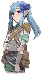 Rule 34 | 1girl, apo 518, aqua armband, armband, blue bow, blue hair, blush, bow, breasts, closed mouth, commentary request, cowboy shot, eyes visible through hair, green armband, green skirt, hair between eyes, hair bow, hand on own arm, highres, legs together, light blue hair, long hair, long sleeves, miniskirt, pointy ears, ponytail, pouch, red eyes, rune factory, rune factory 5, scarlett (rune factory), shirt, shoulder pads, simple background, skirt, small breasts, solo, swept bangs, white background, white shirt